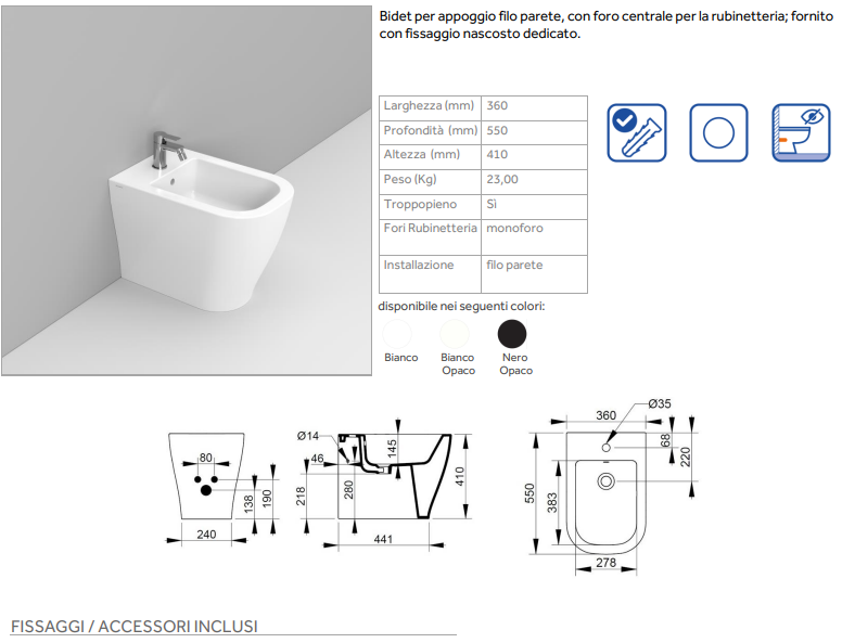 COPPIA DI SANITARI FILOMURO RIMLESS CON PROFONDITA' 55CM SERIE MIRTO NERO OPACO DI CERAMICA DOLOMITE COMPLETO DI COPRIWATER SOFTCLOSE