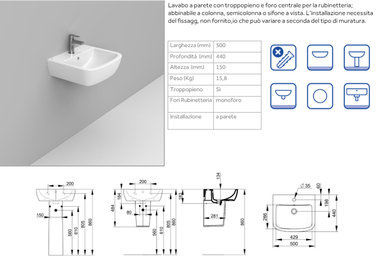 LAVABO A MURO SOSPESO GEMMA 2 DI CERAMICA DOLOMITE 50x44