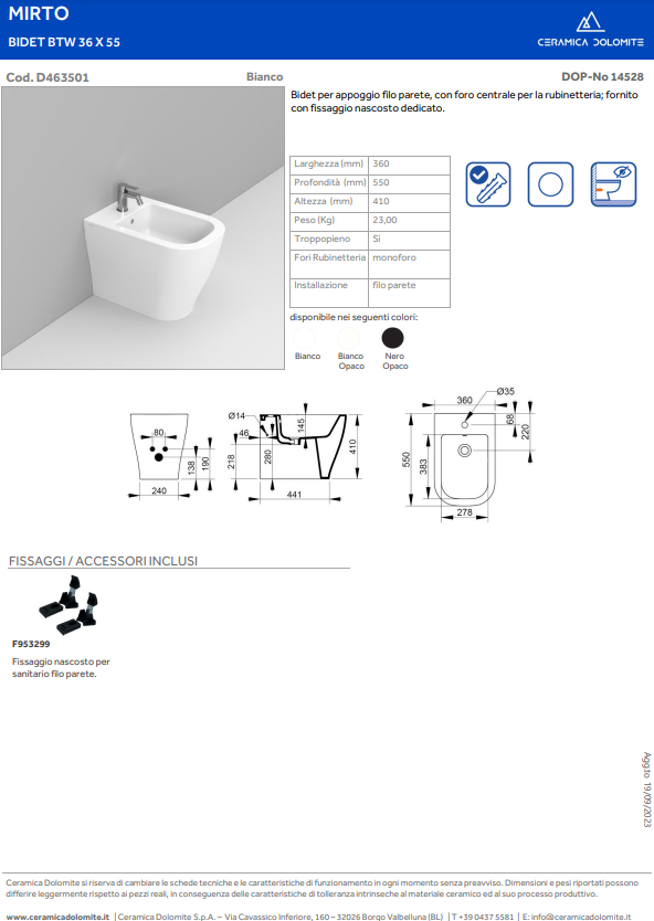COPPIA DI SANITARI FILOMURO RIMLESS CON PROFONDITA' 55CM SERIE MIRTO DI CERAMICA DOLOMITE COMPLETO DI COPRIWATER TERMOINDURENTE SOFTCLOSE