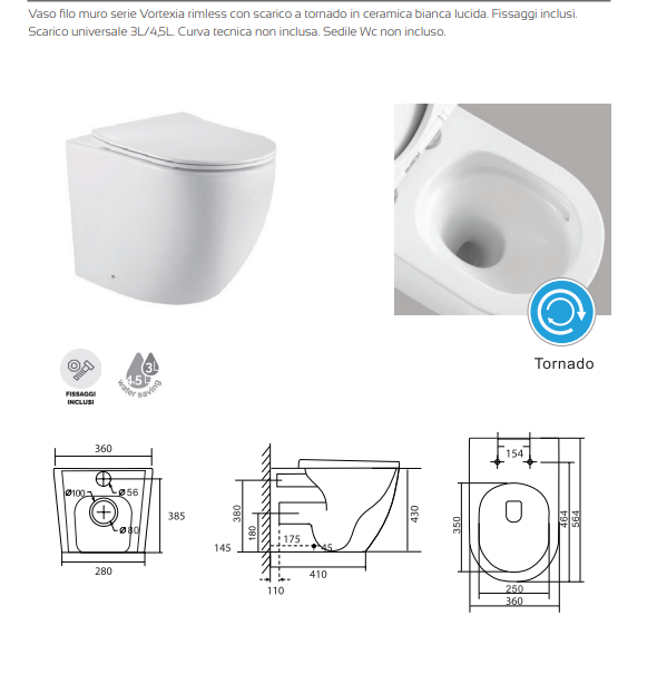 COPPIA DI SANITARI FILOMURO SERIE VORTEXIA RIMLESS CON SCARICO A TORNADO IN CERAMICA BIANCA LUCIDA PROF.56.4 CM COPRIWATER SOFT CLOSE INCLUSO