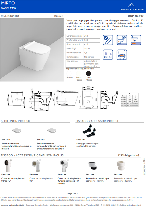 COPPIA DI SANITARI FILOMURO RIMLESS CON PROFONDITA' 55CM SERIE MIRTO DI CERAMICA DOLOMITE COMPLETO DI COPRIWATER TERMOINDURENTE SOFTCLOSE
