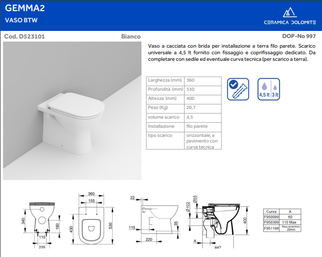 COPPIA DI SANITARI FILOMURO RIMLESS SERIE GEMMA 2 DI CERAMICA DOLOMITE WC+BIDET+CW TERMOINDURENTE