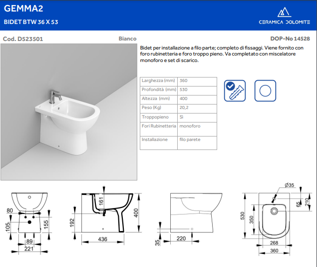 COPPIA DI SANITARI FILOMURO RIMLESS SERIE GEMMA 2 DI CERAMICA DOLOMITE WC+BIDET+CW TERMOINDURENTE