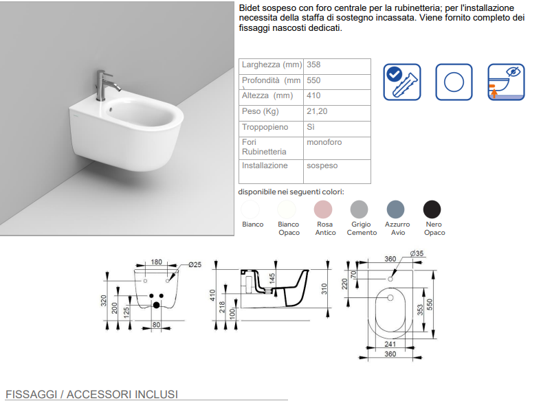 COPPIA DI SANITARI SOSPESI RIMLESS SERIE MAYKA DI CERAMICA DOLOMITE PROF.55 COMPLETO DI COPRIWATER SOFTCLOSE