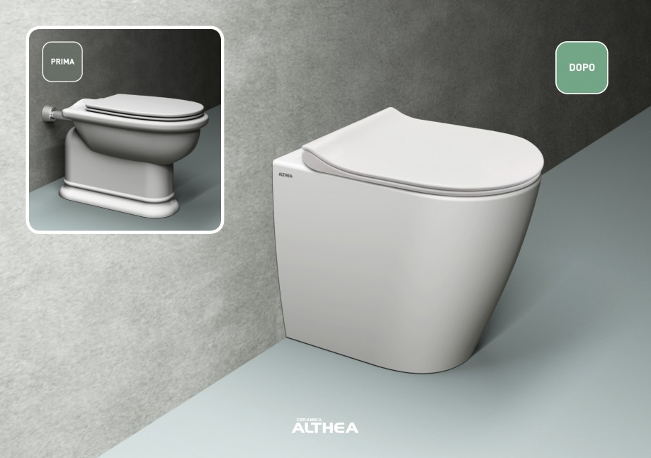 COPPIA SANITARI FILOMURO RIMLESS TRASLATI H.43 SERIE COVER DI CERAMICA ALTHEA FILOMURO PROF.56 COMPLETO DI COPRIWATER TERMOINDURENTE SOFTCLOSE