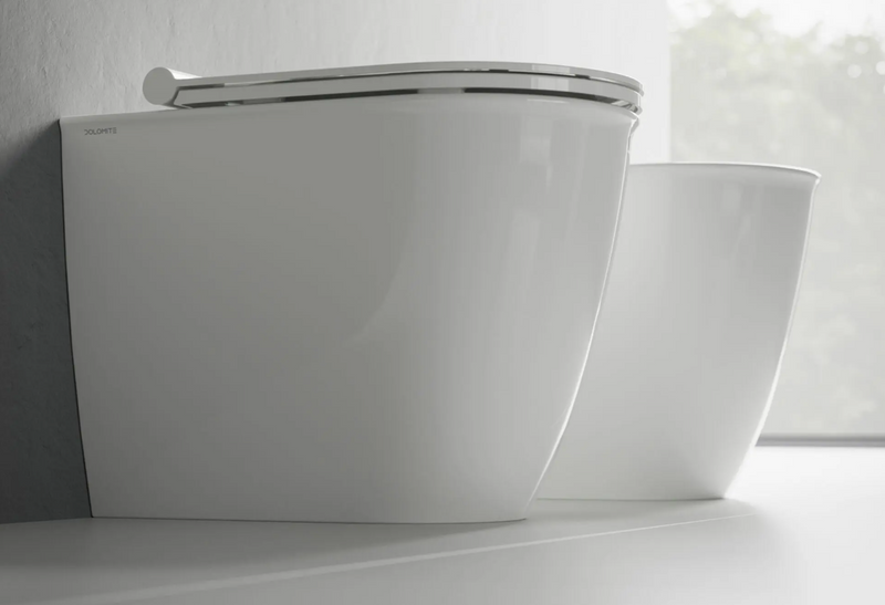 COPPIA DI SANITARI FILOMURO RIMLESS CON PROFONDITA' CM.55 SERIE MAYKA BIANCO LUCIDO DI CERAMICA DOLOMITE  COMPLETO DI COPRIWATER TERMOINDURENTE SOFTCLOSE