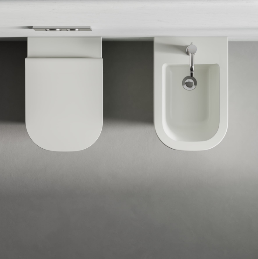COPPIA DI SANITARI FILOMURO RIMLESS CON PROFONDITA' 55CM SERIE MIRTO DI CERAMICA DOLOMITE COMPLETO DI COPRIWATER TERMOINDURENTE SOFTCLOSE