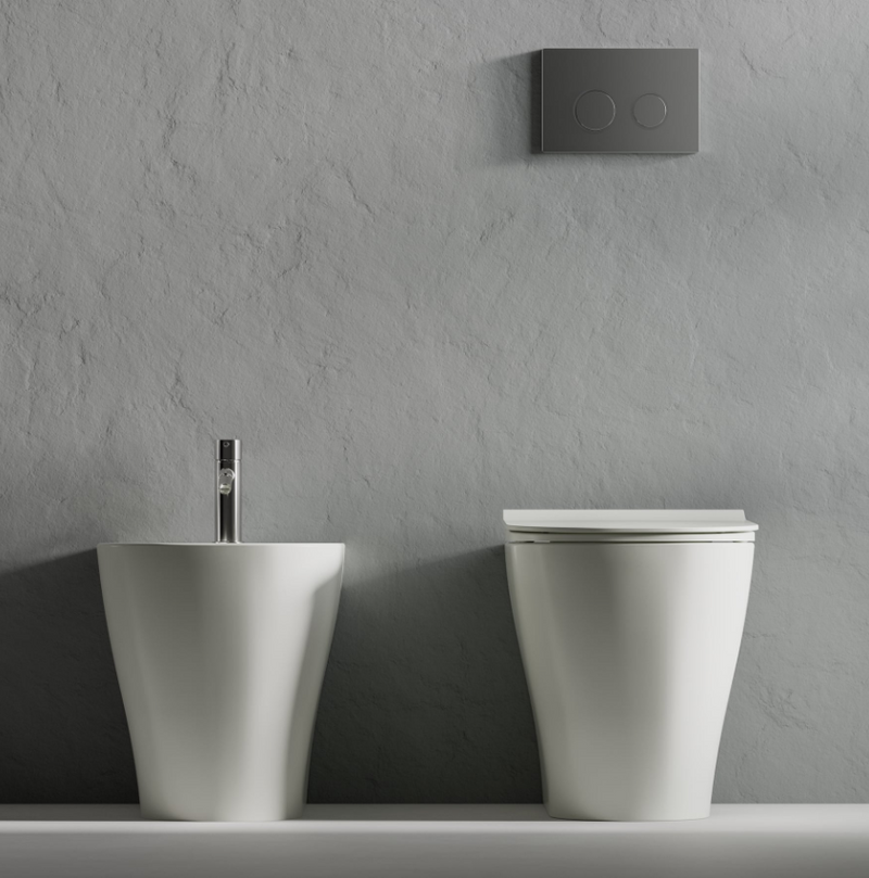 COPPIA DI SANITARI FILOMURO RIMLESS CON PROFONDITA' 55CM SERIE MIRTO DI CERAMICA DOLOMITE COMPLETO DI COPRIWATER TERMOINDURENTE SOFTCLOSE