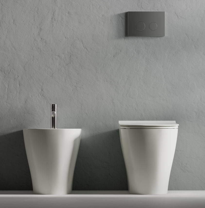 COPPIA DI SANITARI FILOMURO RIMLESS CON PROFONDITA' 55CM SERIE MIRTO DI CERAMICA DOLOMITE COMPLETO DI COPRIWATER TERMOINDURENTE SOFTCLOSE
