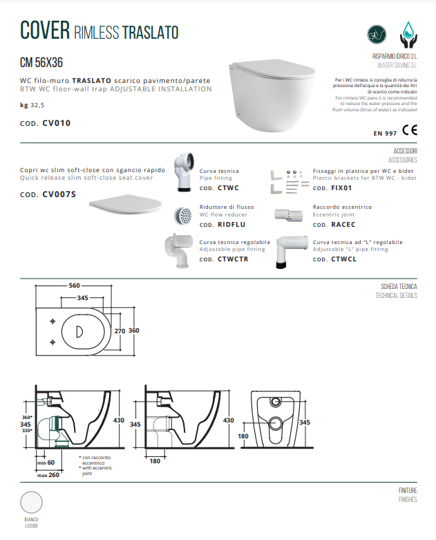 COPPIA SANITARI FILOMURO RIMLESS TRASLATI H.43 SERIE COVER DI CERAMICA ALTHEA FILOMURO PROF.56 COMPLETO DI COPRIWATER TERMOINDURENTE SOFTCLOSE