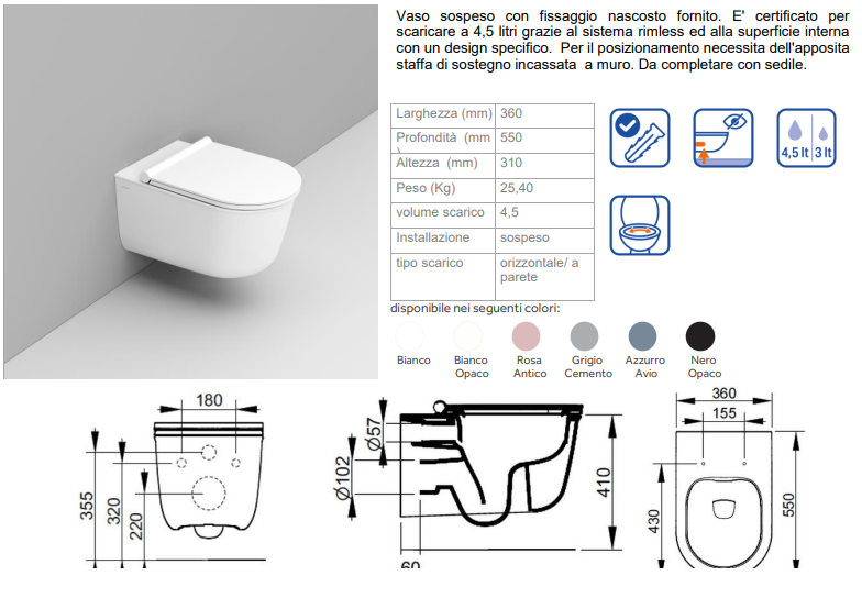COPPIA DI SANITARI SOSPESI RIMLESS SERIE MAYKA DI CERAMICA DOLOMITE PROF.55 COMPLETO DI COPRIWATER SOFTCLOSE