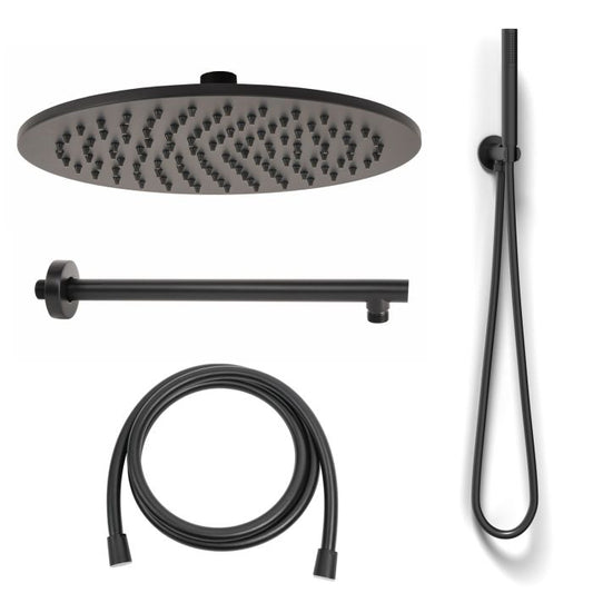 KIT DOCCIA QUADRATO 30x30 IN ACCIAIO NERO COMPLETO DI BRACCIO DOCCIA -PRESA ACQUA IN OTTONE NERO FLESSIBILE D'ARREDO E MANOPOLA DOCCIA