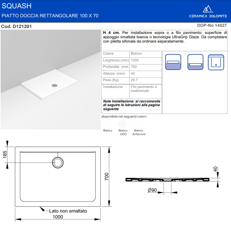 PIATTO DOCCIA IN CERAMICA H.4 CM MISURA 70X100 SERIE SQUASH DI CERAMICA DOLOMITE