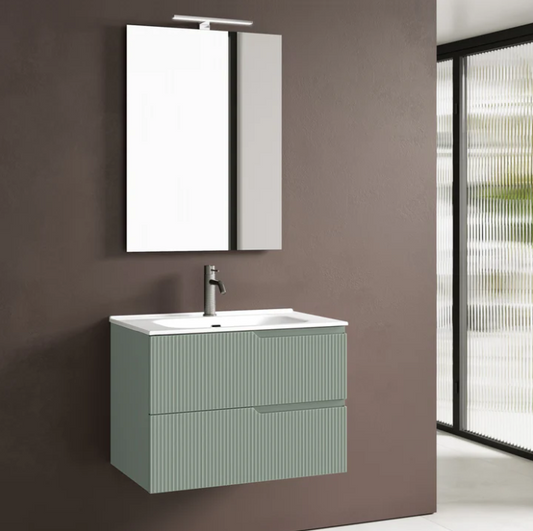 MOBILE BAGNO VERDE SALVIA OPACO CM.60 CANNETTATO CON TOP CERAMICA COMPLETO DI SPECCHIO E LAMPADA A LED PRODOTTO ITALIANO