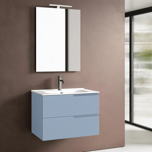 MOBILE BAGNO AZZURRO TIFFANY OPACO CM.80 CANNETTATO CON TOP CERAMICA COMPLETO DI SPECCHIO E LAMPADA A LED PRODOTTO ITALIANO