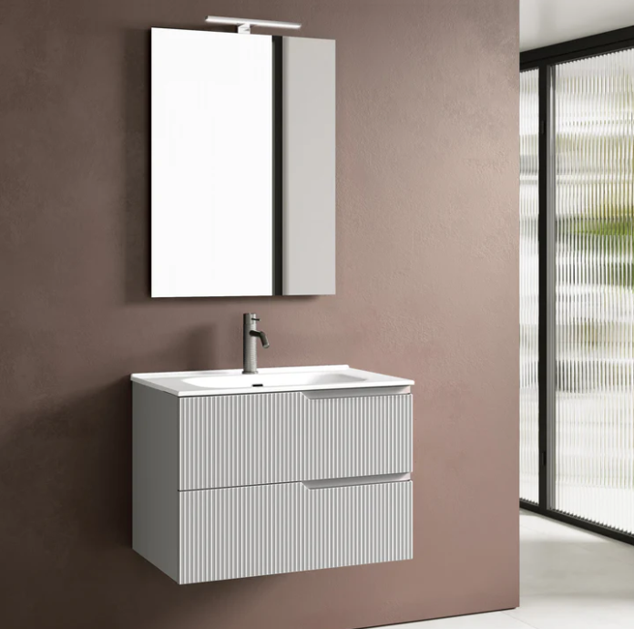 MOBILE BAGNO BIANCO OPACO CM.80 CANNETTATO CON TOP CERAMICA COMPLETO DI SPECCHIO E LAMPADA A LED PRODOTTO ITALIANO