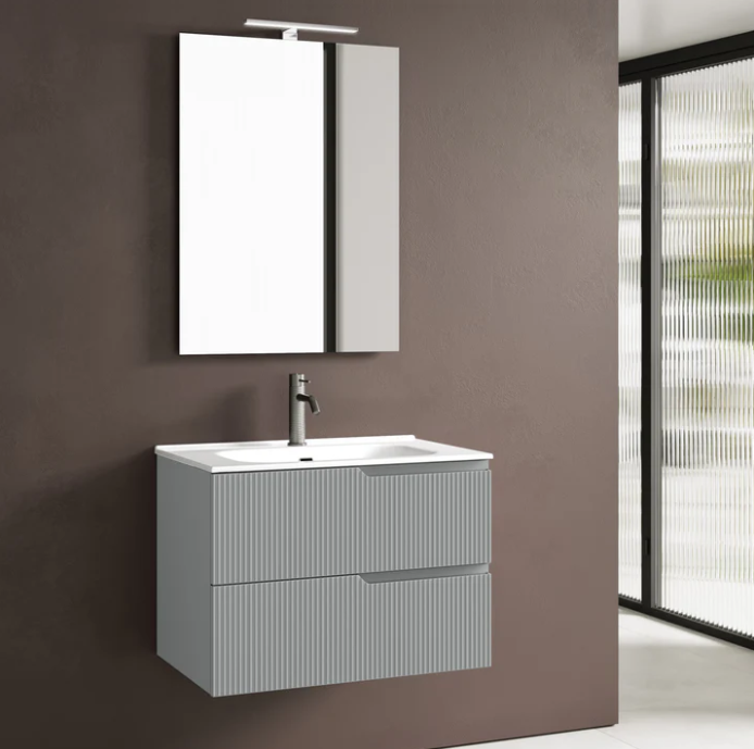 MOBILE BAGNO GRIGIO OPACO CM.80 CANNETTATO CON TOP CERAMICA COMPLETO DI SPECCHIO E LAMPADA A LED PRODOTTO ITALIANO