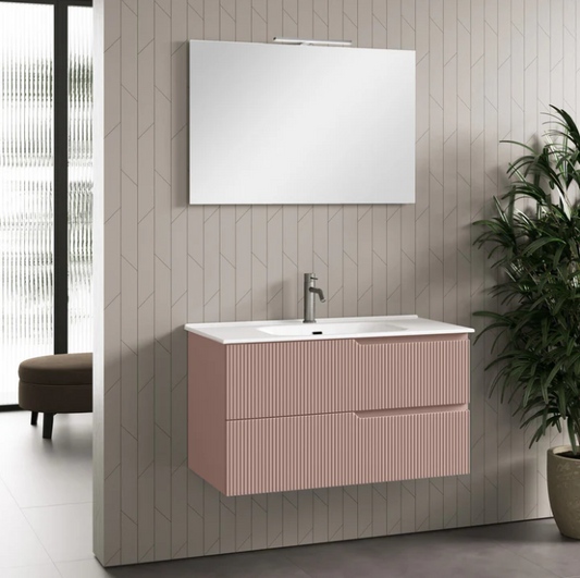 MOBILE BAGNO ROSA CIPRIA OPACO CM.80 CANNETTATO CON TOP CERAMICA COMPLETO DI SPECCHIO E LAMPADA A LED PRODOTTO ITALIANO