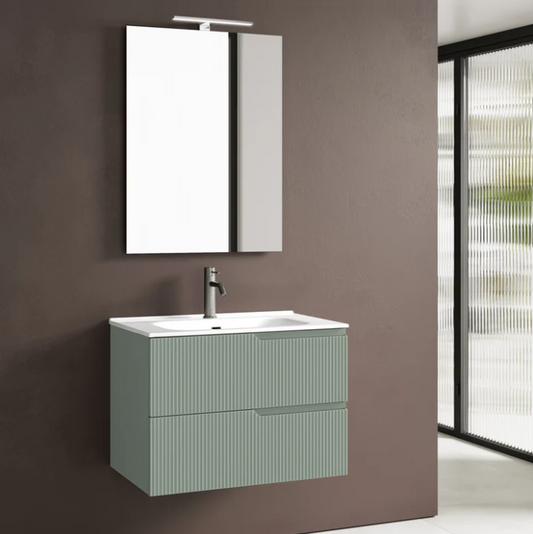 MOBILE BAGNO VERDE SALVIA OPACO CM.80 CANNETTATO CON TOP CERAMICA COMPLETO DI SPECCHIO E LAMPADA A LED PRODOTTO ITALIANO