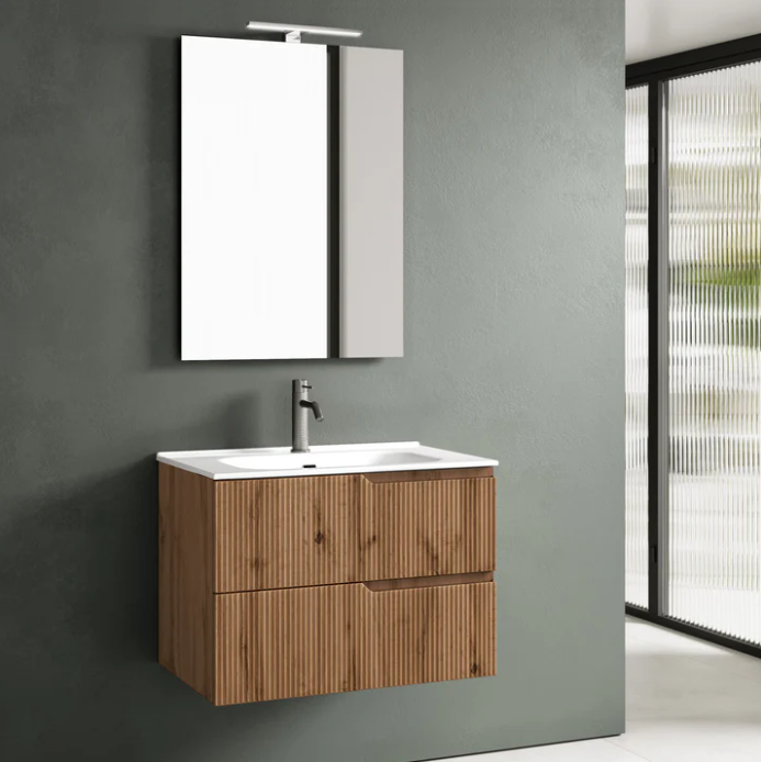 MOBILE BAGNO QUERCIA OPACO CM.80 CANNETTATO CON TOP CERAMICA COMPLETO DI SPECCHIO E LAMPADA A LED PRODOTTO ITALIANO