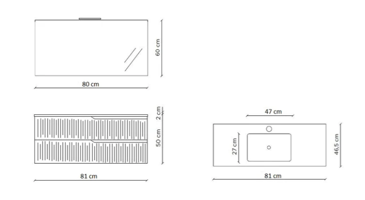 MOBILE BAGNO QUERCIA OPACO CM.80 CANNETTATO CON TOP CERAMICA COMPLETO DI SPECCHIO E LAMPADA A LED PRODOTTO ITALIANO