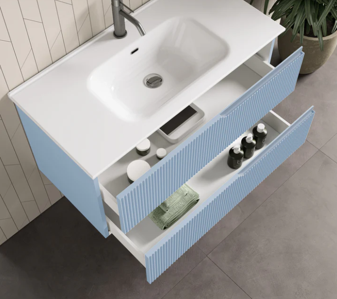 MOBILE BAGNO AZZURRO TIFFANY OPACO CM.80 CANNETTATO CON TOP CERAMICA COMPLETO DI SPECCHIO E LAMPADA A LED PRODOTTO ITALIANO