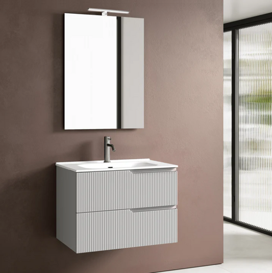 MOBILE BAGNO BIANCO OPACO CM.60 CANNETTATO CON TOP CERAMICA COMPLETO DI SPECCHIO E LAMPADA A LED PRODOTTO ITALIANO