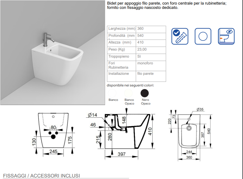 COPPIA DI SANITARI FILOMURO RIMLESS SERIE MIA+ DI CERAMICA DOLOMITE PROF.54 COMPLETA DI COPRIWATER SOFTCLOSE