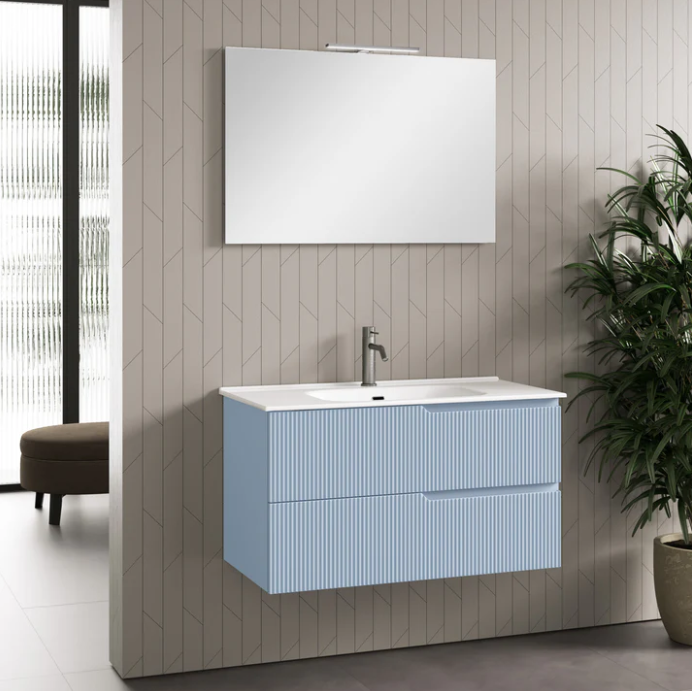 MOBILE BAGNO AZZURRO TIFFANY OPACO CM.90 CANNETTATO CON TOP CERAMICA COMPLETO DI SPECCHIO E LAMPADA A LED PRODOTTO ITALIANO