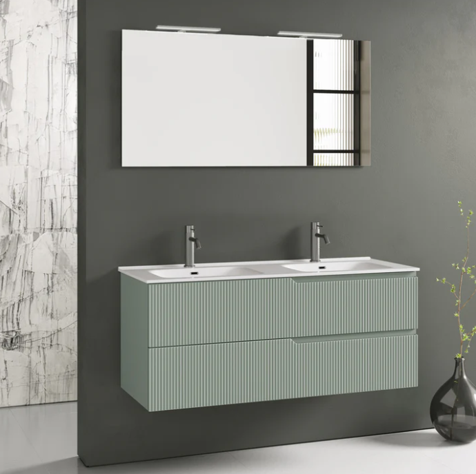 MOBILE BAGNO VERDE SALVIA OPACO CM.120 CANNETTATO CON TOP CERAMICA DOPPIO LAVABO COMPLETO DI SPECCHIO E LAMPADA A LED PRODOTTO ITALIANO