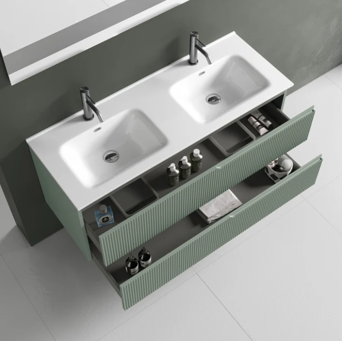 MOBILE BAGNO VERDE SALVIA OPACO CM.120 CANNETTATO CON TOP CERAMICA DOPPIO LAVABO COMPLETO DI SPECCHIO E LAMPADA A LED PRODOTTO ITALIANO