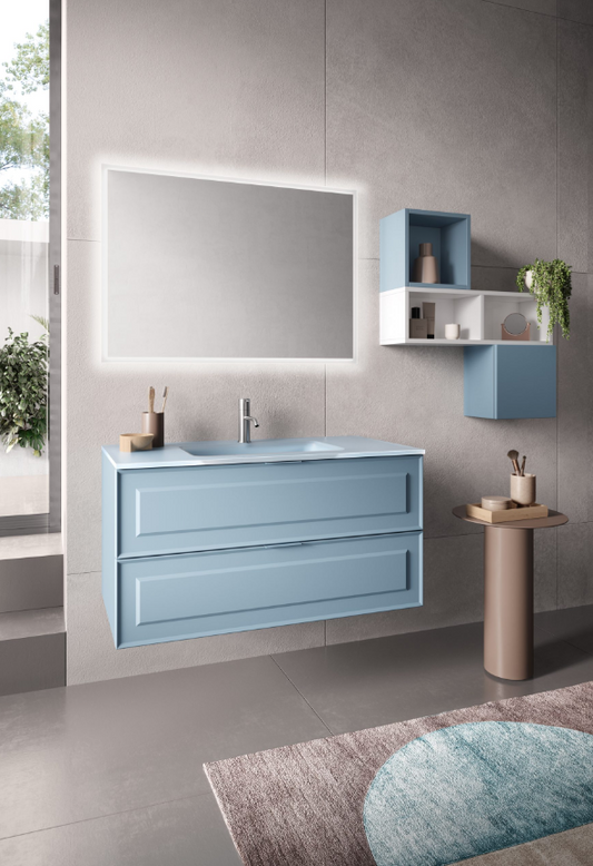 MOBILE DA BAGNO SOSPESO "FRAME" CM.100 BUGNATO COLORE AZZURRO OPACO  TOP CRISTALLO SATINATO AZZURRO OPACO E SPECCHIERA RETROILLUMINATA A LED