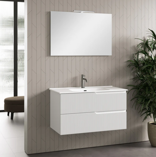 MOBILE BAGNO BIANCO OPACO CM.90 CANNETTATO CON TOP CERAMICA COMPLETO DI SPECCHIO E LAMPADA A LED PRODOTTO ITALIANO