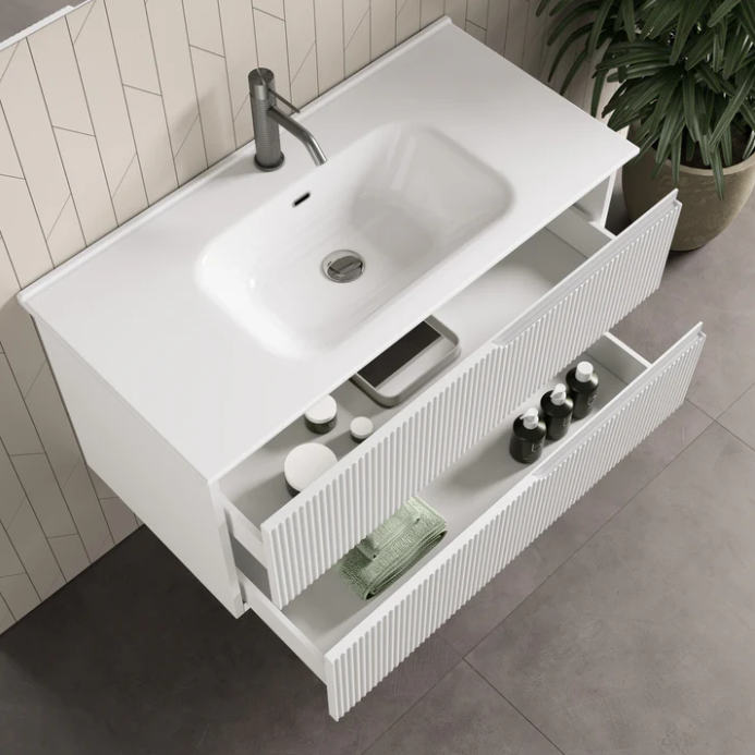 MOBILE BAGNO BIANCO OPACO CM.80 CANNETTATO CON TOP CERAMICA COMPLETO DI SPECCHIO E LAMPADA A LED PRODOTTO ITALIANO