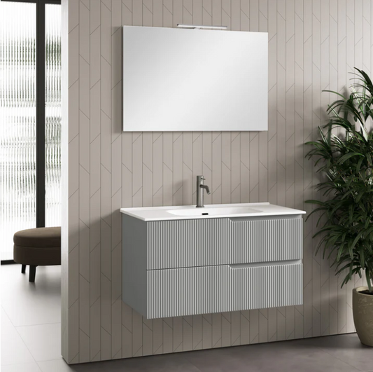 MOBILE BAGNO GRIGIO OPACO CM.90 CANNETTATO CON TOP CERAMICA COMPLETO DI SPECCHIO E LAMPADA A LED PRODOTTO ITALIANO