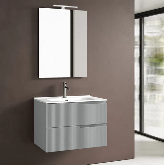 MOBILE BAGNO GRIGIO OPACO CM.60 CANNETTATO CON TOP CERAMICA COMPLETO DI SPECCHIO E LAMPADA A LED PRODOTTO ITALIANO