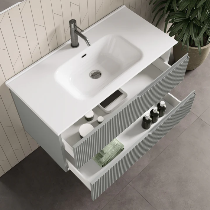 MOBILE BAGNO GRIGIO OPACO CM.80 CANNETTATO CON TOP CERAMICA COMPLETO DI SPECCHIO E LAMPADA A LED PRODOTTO ITALIANO