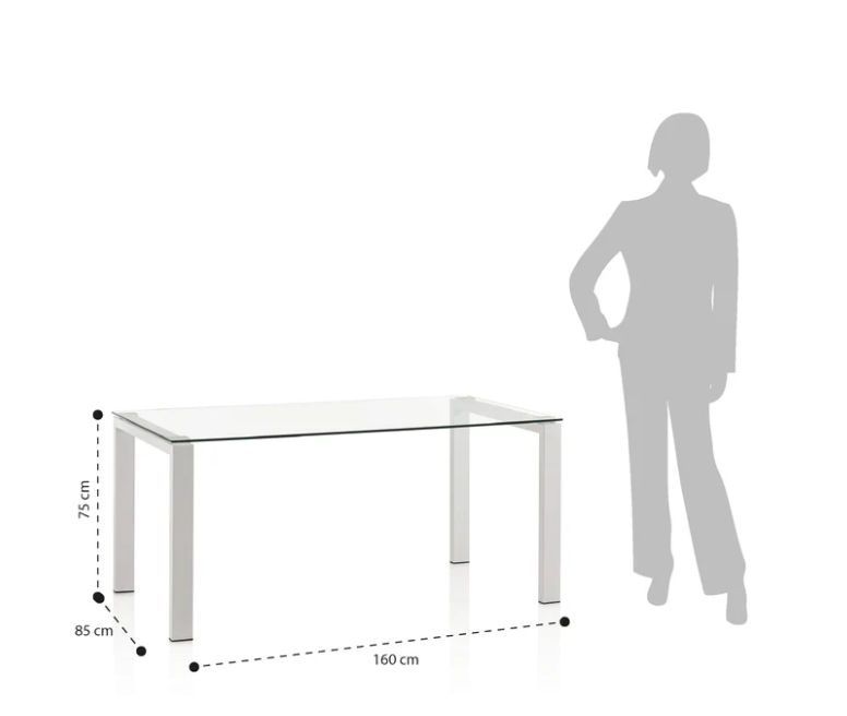 TAVOLO ICE CON GAMBE IN METALLO VERNICIATO BIANCO OPACO TOP IN VETRO TRASPARENTE TEMPERATO SP.10 MM DIMENSIONI L.160xP.85xH.75