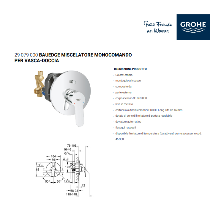 MISCELATORE MONOCOMANDO PER VASCA-DOCCIA CON DEVIATORE BAUEDGE DI"GROHE" ARTICOLO 29079000