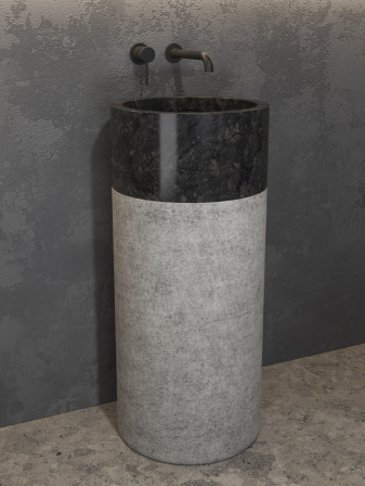 LAVABO DA TERRA BORA IN PIETRA NERO D.41 x H.92 BASE ESTERNO BUCCIATO INTERNO LAVABO LISCIO