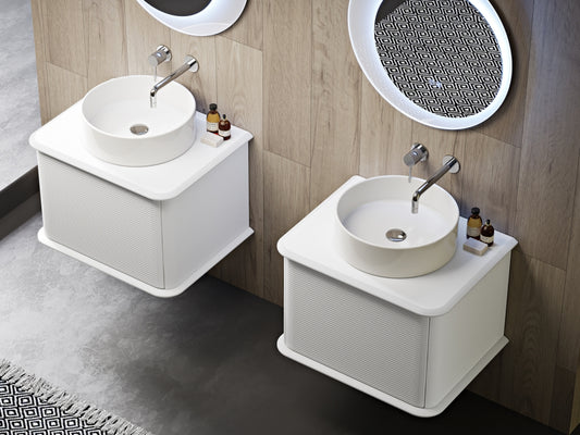 MOBILE DA BAGNO SERIE IDRA DI BADEN HAUS CM.64  BASE 1 CASSETTONE COLORE BIANCO OPACO CON TOP DI CHIUSURA IN LEGNO E LAVABO DA APPOGGIO IN CERAMICA D.40 MADE IN ITALY SPECCHIERA ART.02127 ESCLUSA