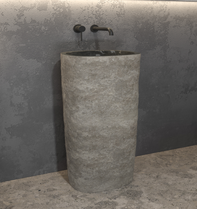 LAVABO DA TERRA IN PIETRA D.40x H.90 RIVER GREY ESTERNO BUCCIATO NATURALE INTERNO LAVABO LISCIO