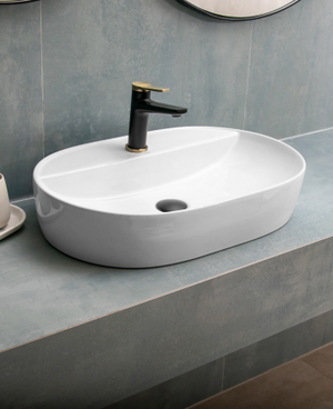 LAVABO DA APPOGGIO IN CERAMICA BIANCO 610x400x120 mm CON FORO MISCELATORE