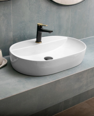 LAVABO DA APPOGGIO IN CERAMICA BIANCO 610x400x120 mm CON FORO MISCELATORE