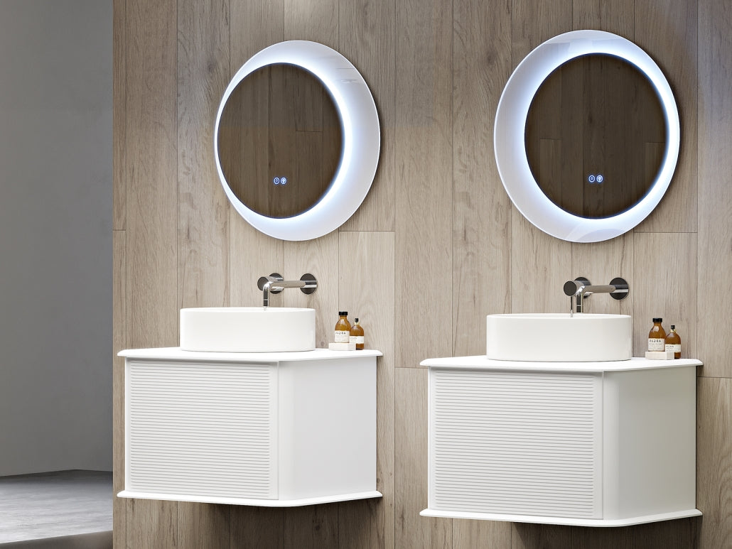 MOBILE DA BAGNO SERIE IDRA DI BADEN HAUS CM.64  BASE 1 CASSETTONE COLORE BIANCO OPACO CON TOP DI CHIUSURA IN LEGNO E LAVABO DA APPOGGIO IN CERAMICA D.40 MADE IN ITALY SPECCHIERA ART.02127 ESCLUSA