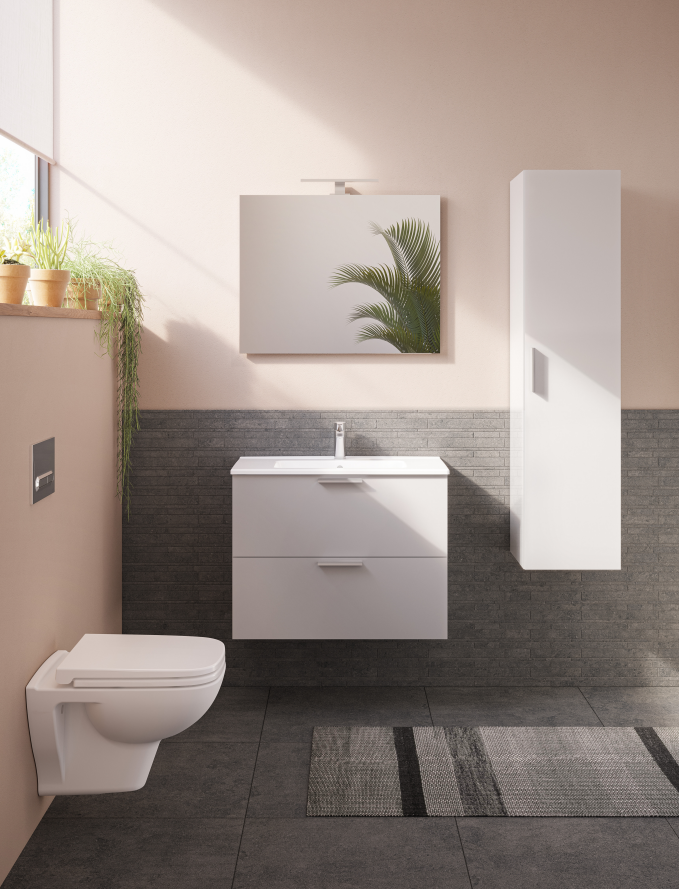 MOBILE DA BAGNO CM.60 SERIE MIA PROF.40 BIANCO LUCIDO SET COMPOSTO DA BASE 2 CASSETTI A CHIUSURA SOFT CLOSE TOP CERAMICO SLIM SPECCHIO E LAMPADA A LED