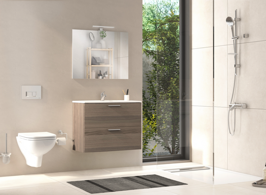 MOBILE DA BAGNO CM.80 SERIE MIA PROF.40 COLORE EFFETTO LEGNO CORDOBA SET COMPOSTO DA BASE 2 CASSETTI A CHIUSURA SOFT CLOSE TOP CERAMICO SLIM SPECCHIO E LAMPADA A LED