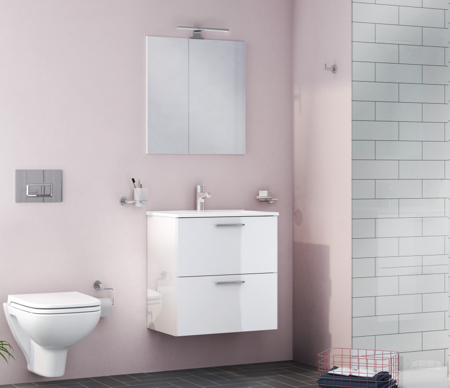 MOBILE DA BAGNO CM.60 SERIE MIA PROF.40 BIANCO LUCIDO SET COMPOSTO DA BASE 2 CASSETTI A CHIUSURA SOFT CLOSE TOP CERAMICO SLIM SPECCHIO E LAMPADA A LED