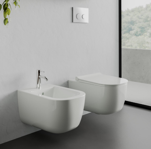 COPPIA DI SANITARI SOSPESI RIMLESS BIANCO OPACO SERIE MIRTO DI CERAMICA DOLOMITE PROF.55 CON SEDILE SOFTCLOSE  DISPONIBILE IN 15 GG