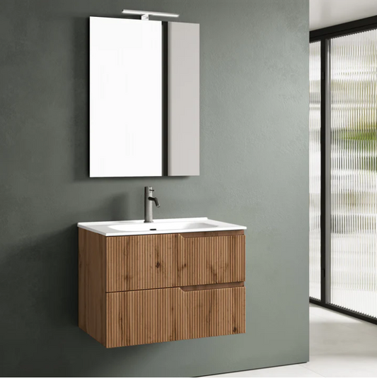 MOBILE BAGNO QUERCIA CM.60 CANNETTATO CON TOP CERAMICA COMPLETO DI SPECCHIO E LAMPADA A LED PRODOTTO ITALIANO